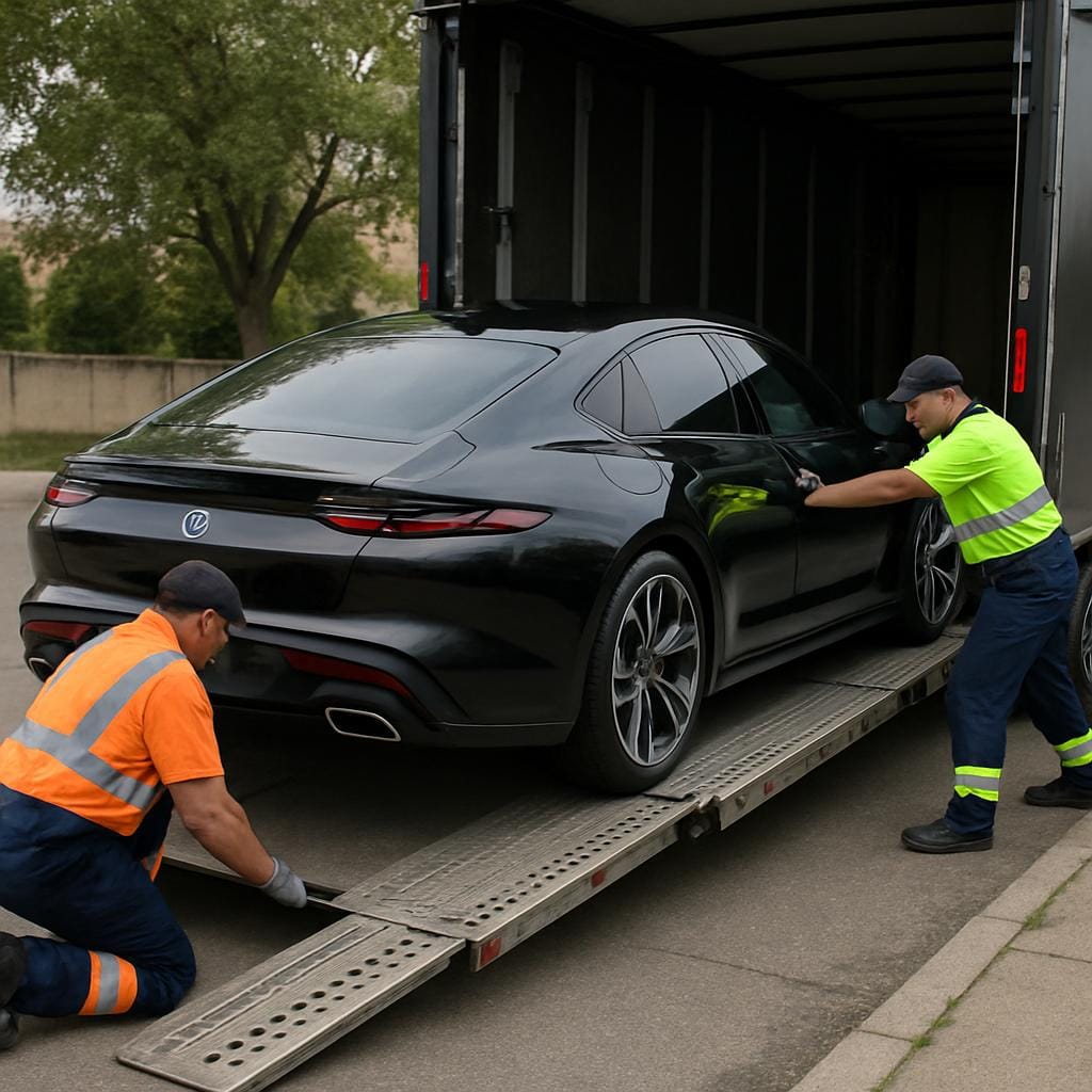 Car being loaded onto a carrier truck for interstate vehicle transport
